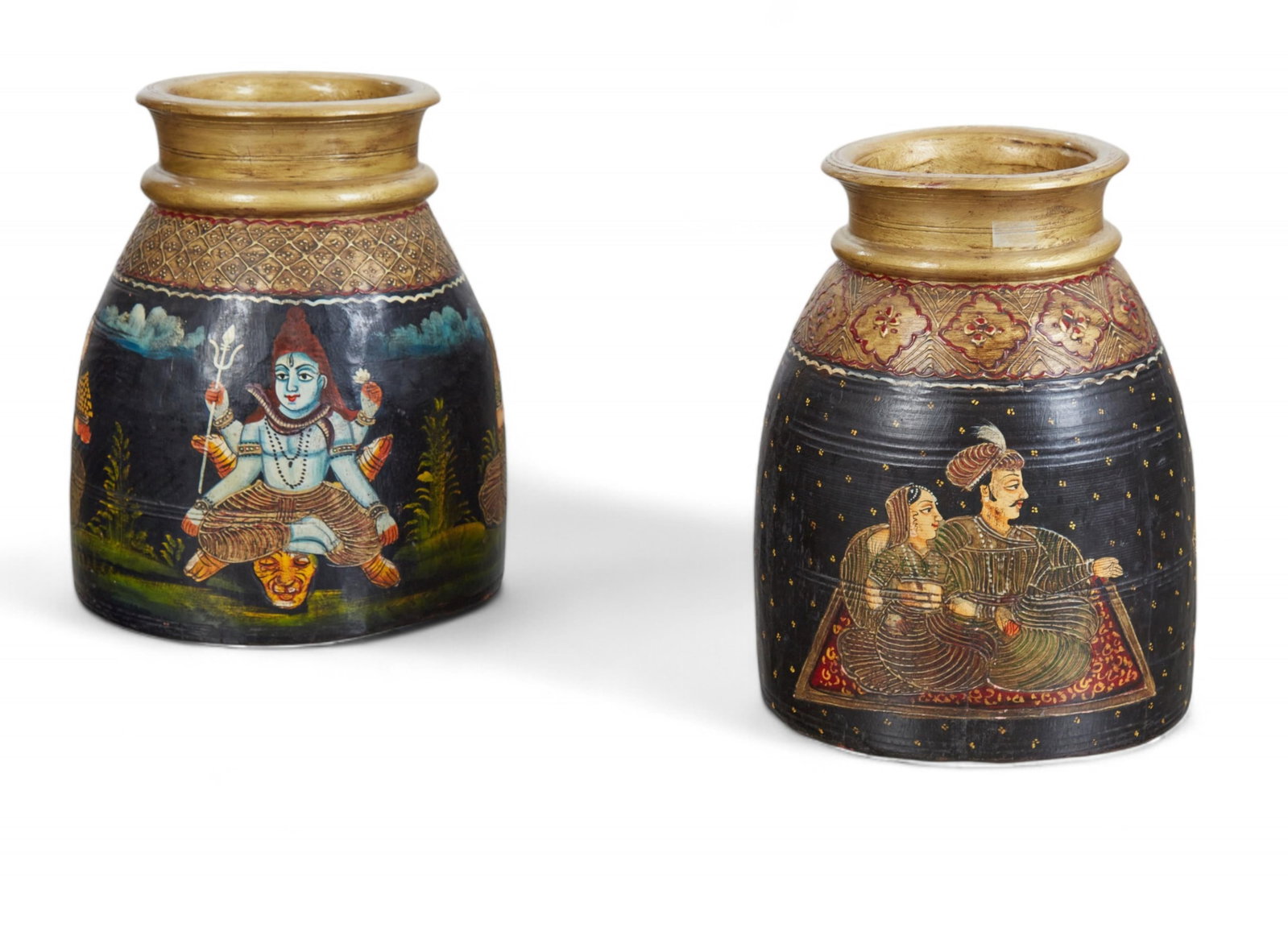 Two Indian lacquered jars: Two Indian lacquered jars larger height 17 1/2in (44cm); diameter 12in (30cm) Provenance: Property from the Collection of Sugar Ray and Mrs. Bernadette Leonard, curated by Hendrix Allardyce.