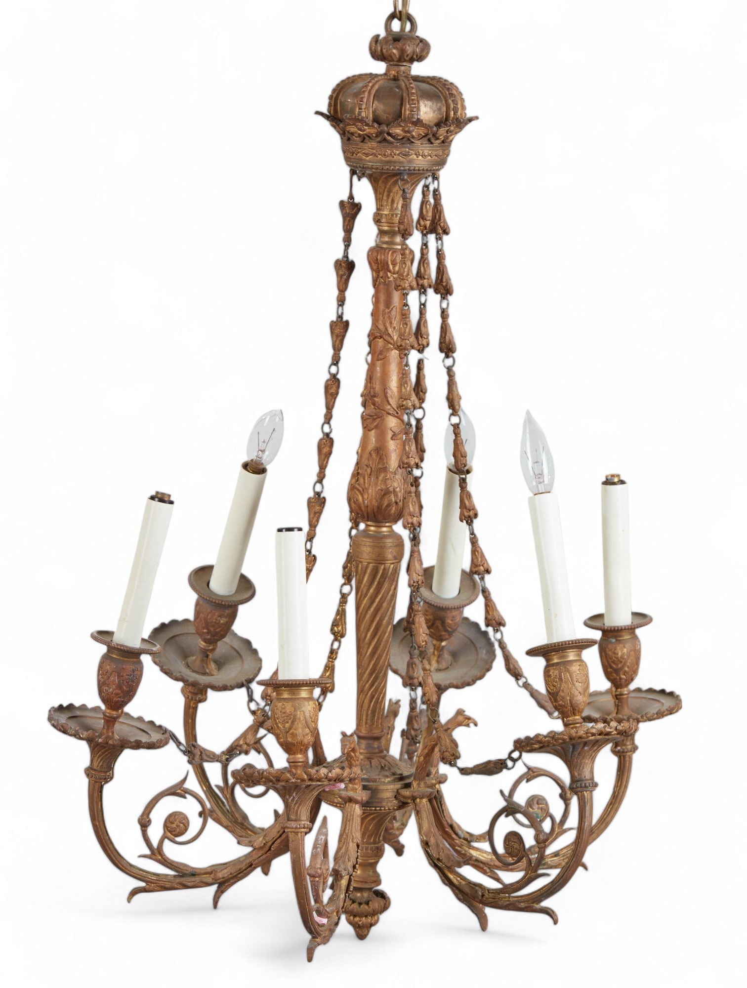 A Louis XVI style bronze six light chandelier: A Louis XVI style bronze six light chandelier20th centuryheight 28in (71cm); diameter 20in (51cm)