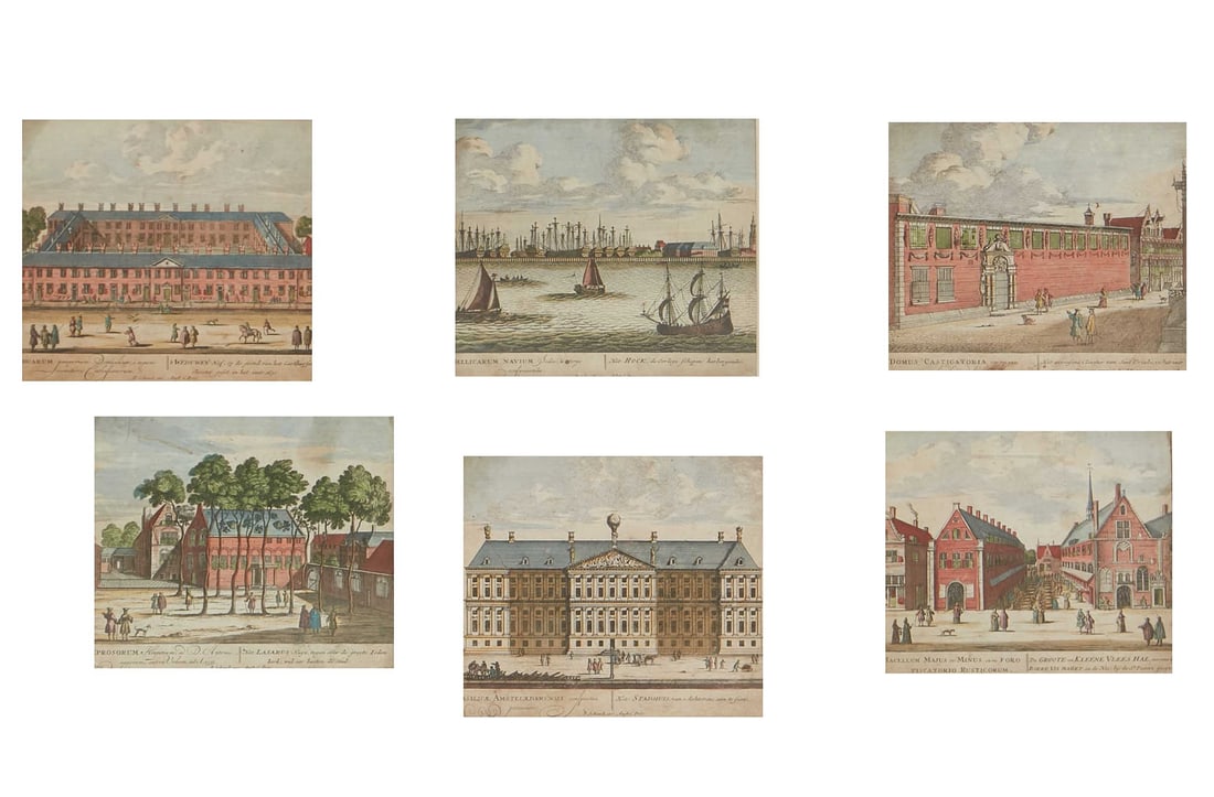 A set of six Dutch hand colored engravings of street scenes (1 of 8)