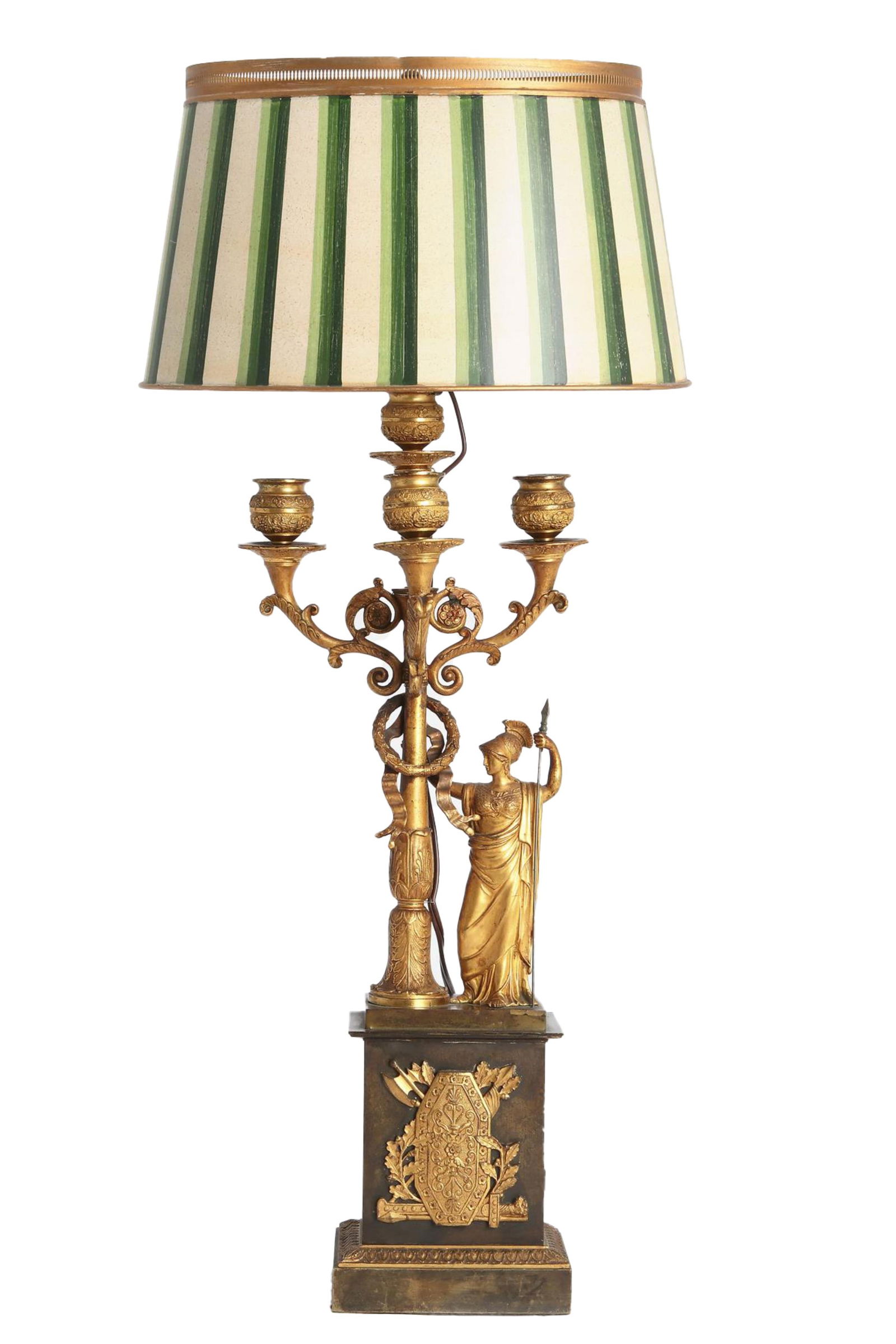 An Empire gilt and patinated bronze four light candelabrum, now mounted as a table lamp (1 of 2)
