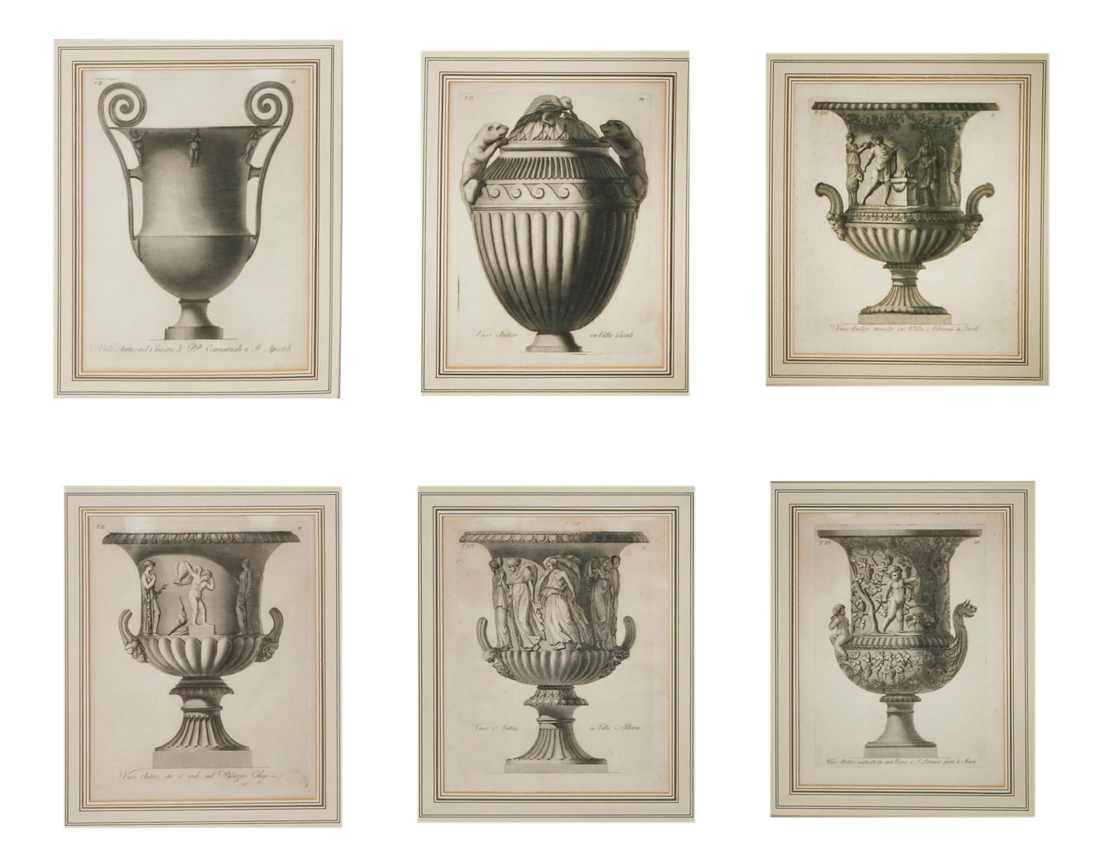 Six Ancient Vases; engravings by Carlo Antonini: Six Ancient Vases; engravings by Carlo Antonini, 1836lot includes six engravings from Carlo Antonini's Manuale di vari ornementi componenti la serie de vasi antichi si di marmo che di bronzo esistenti