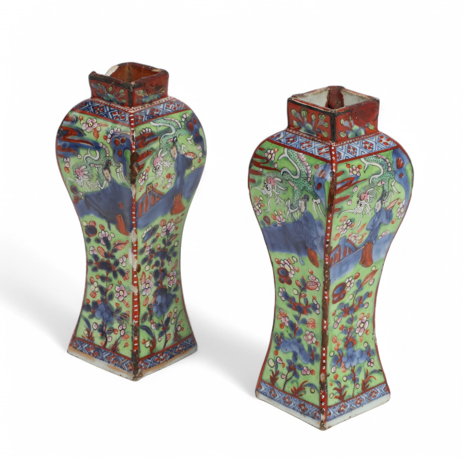Pair Chinese porcelain clobbered baluster vases: A pair of Chinese porcelain square ?clobbered? baluster vases With rubbed character stamps to underside. height 8in (20cm); width 3in (7.5cm); depth 3in (7.5cm) Provenance: Property from a Private Col