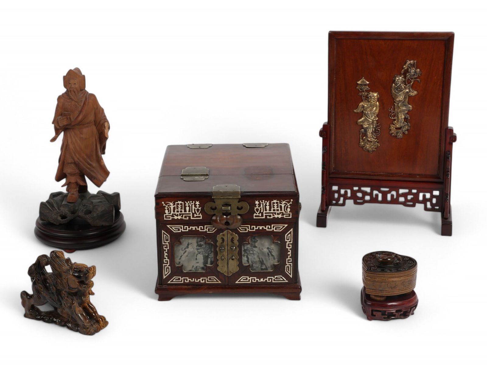 Five Chinese decorative objects: Five Chinese decorative objectsComprising a table screen, a model of a scholar, a hardstone mythical beast, a vanity box and a heart form box on carved hardwood stand. (5)box height 6 1/2in (16cm); wi