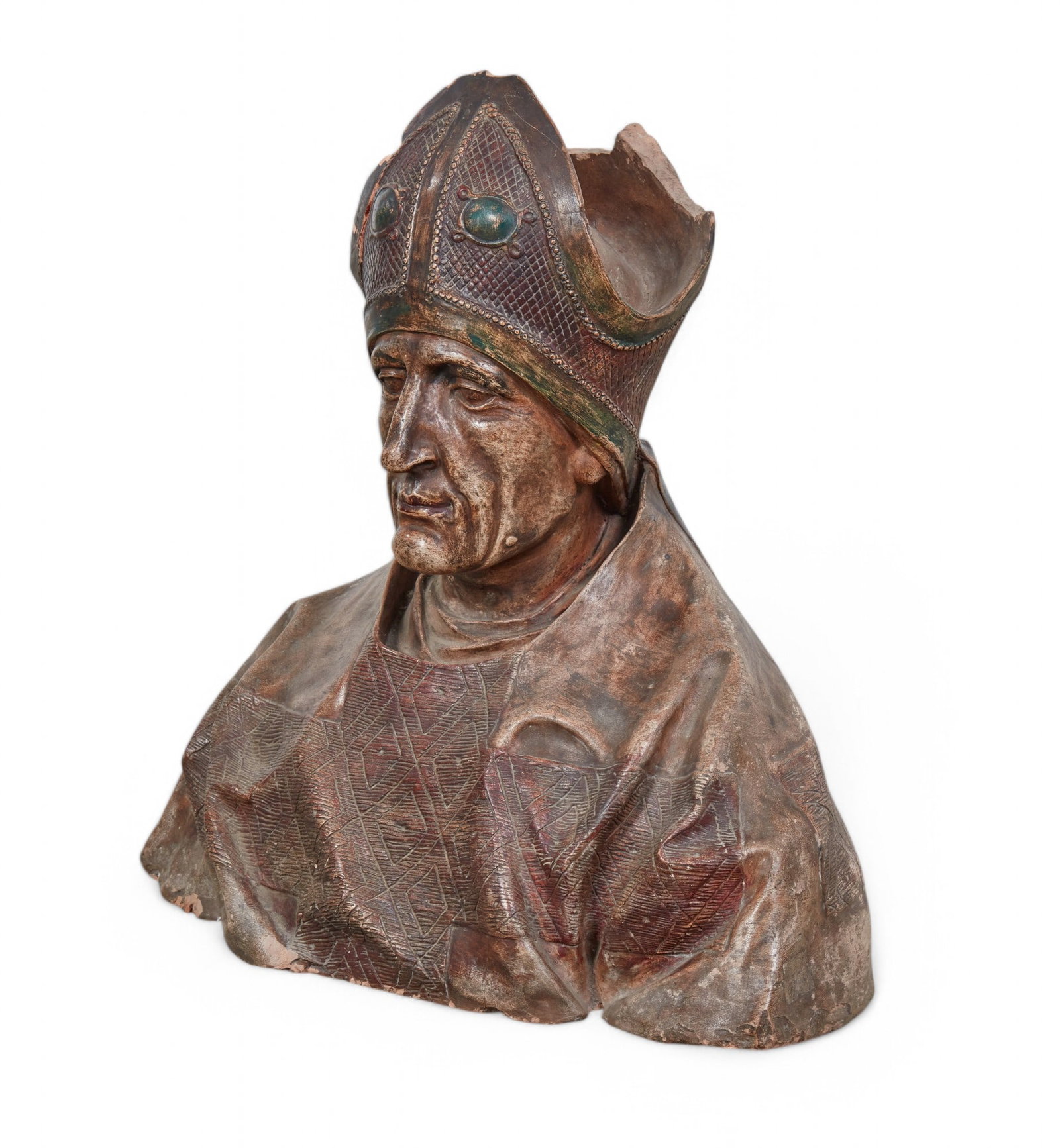 Continental polchrome decorated bust of a bishop: A Continental polchrome decorated bust of a bishop late 19th century height 23 1/2in (60cm); width 23in (58.5cm); depth 10in (25.5cm)