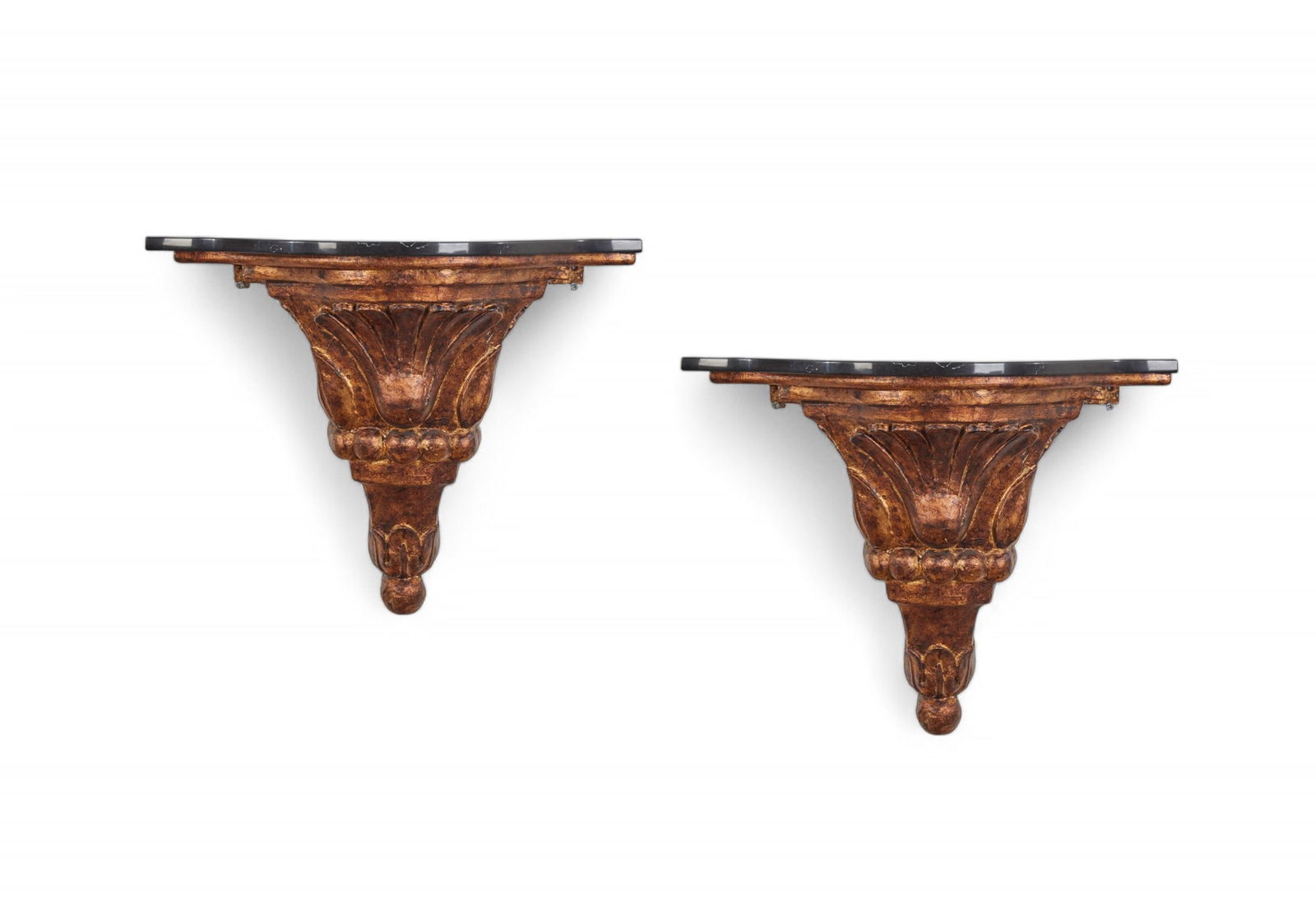 Pair of Carved Wood Marble Top Wall Shelves: Pair of Carved Wood Marble Top Wall Shelves 22 x 28 x 15 in. (55.9 x 71.1 x 38.1 cm.)