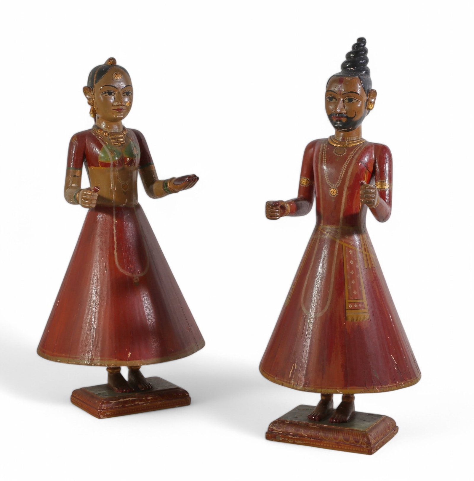 Pair of Carved Wood Gangaur Figurines: Pair of Carved Wood Gangaur Figurines Tallest 42 x 17 in. (106.7 x 43.2 cm.)