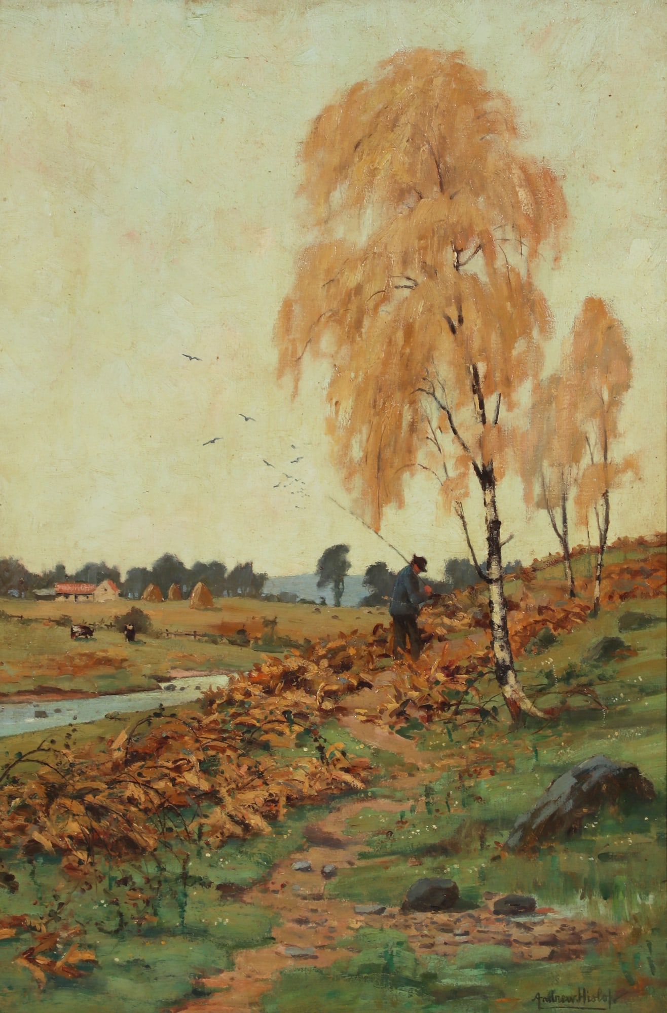 Andrew Healy Hilsop (British, 1887-1954), An Afternoon of Fly Fishing, oil on linen, 29 1/2 x 20in.: Andrew Healy Hilsop British 1887-1954 An Afternoon of Fly Fishing oil on linen signed to lower right 29 1/2 x 20in. (75 x 51cm)