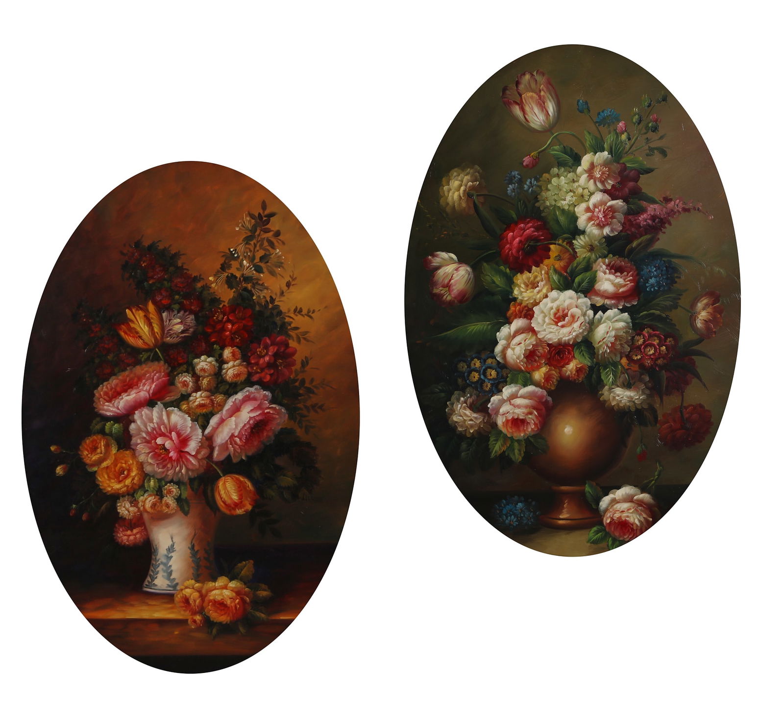 unknown , Two floral still lives on the the oval, oil on canvas, 42 x 32in (107 x 81cm) (1 of 6)