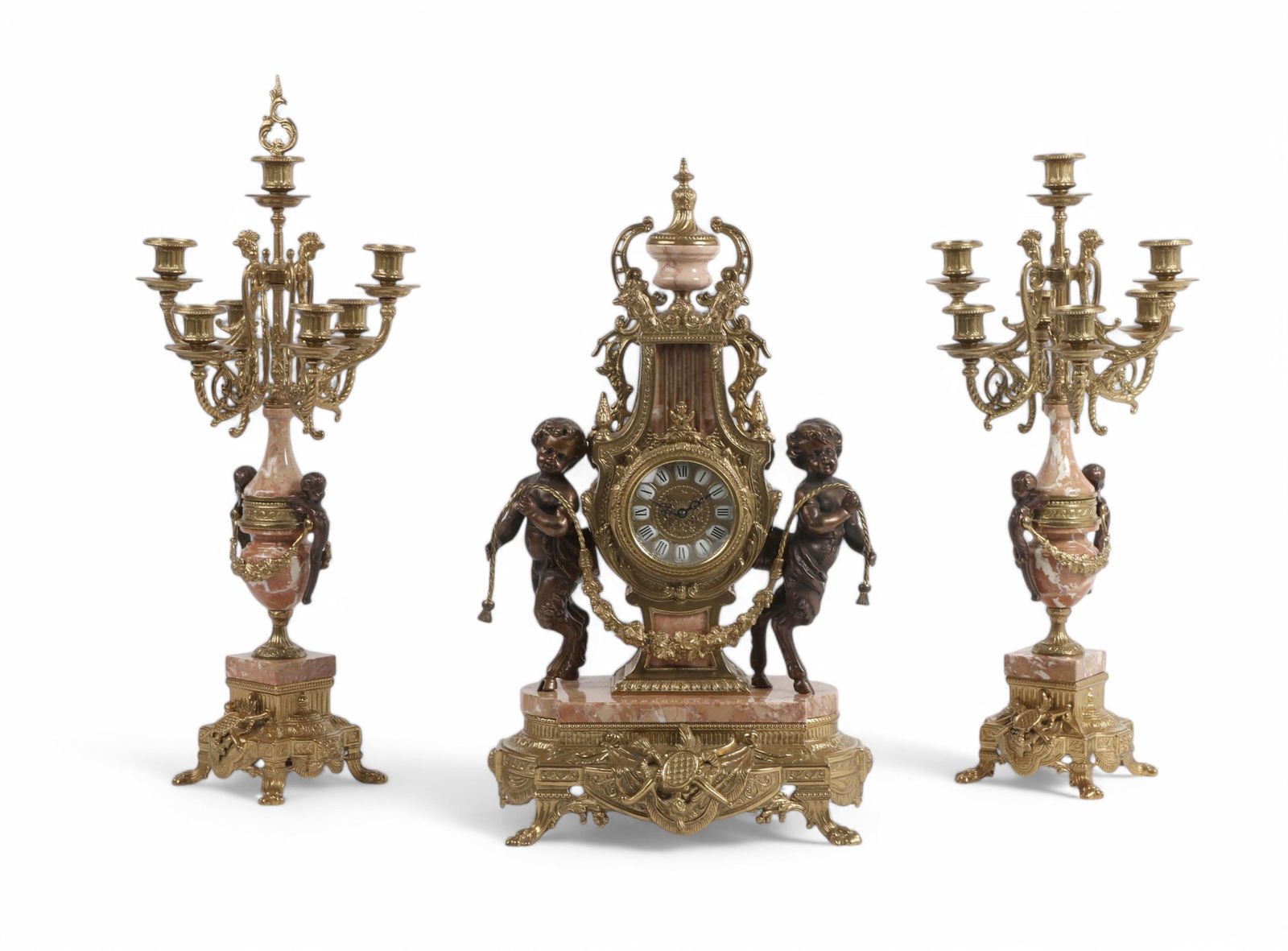 Gilt & Pink Marble Clock & Pair of Candelabras (1 of 7)