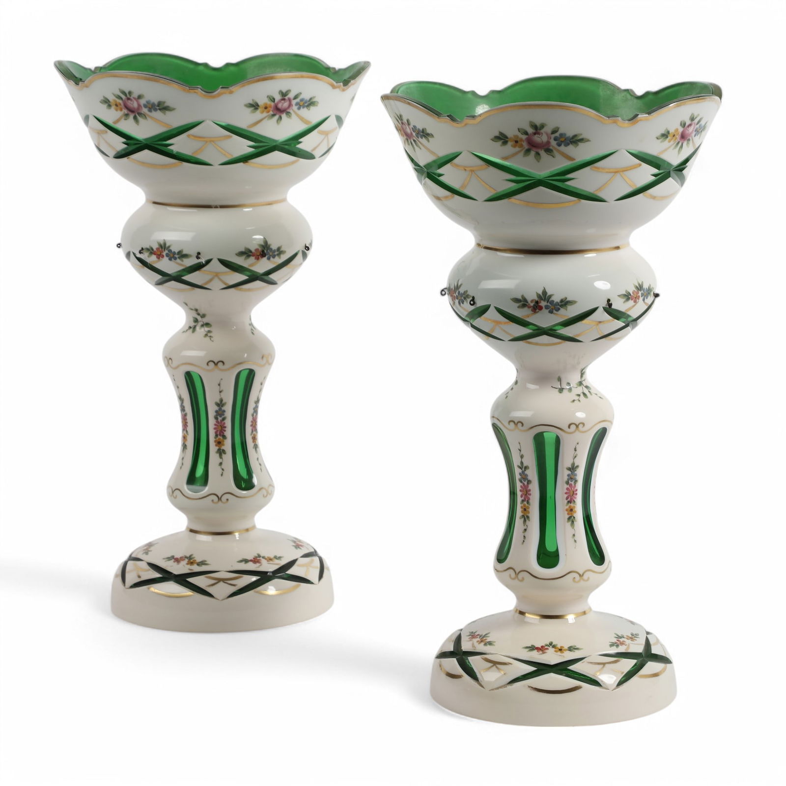 Pair of Bohemian Czech Glass Mantle Lusters: Pair of Bohemian Czech Glass Mantle Lusters 14 1/2 x 8 in. (36.8 x 20.3 cm.)