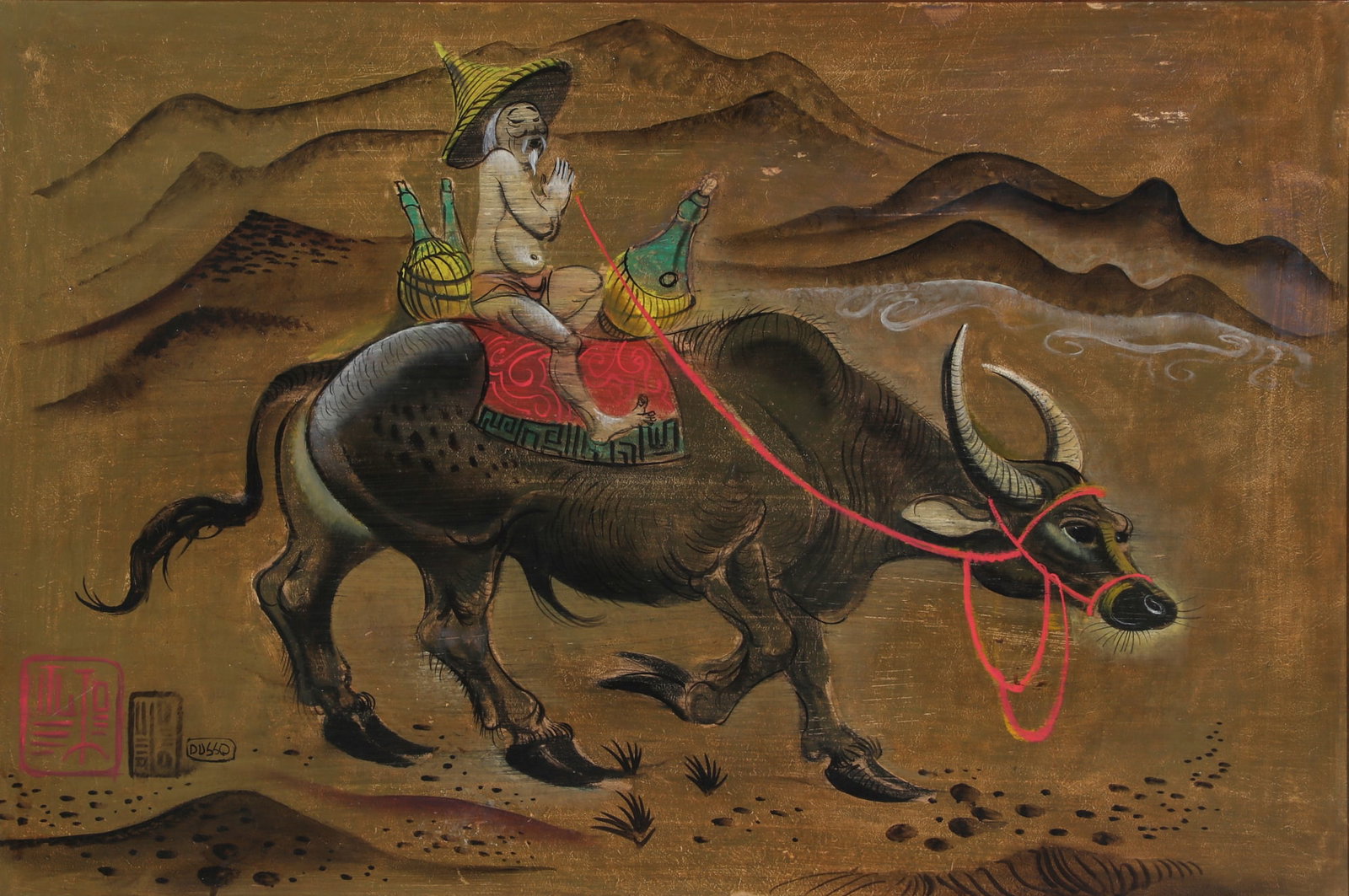 Leon Dusso (American, 1918-1991), On for the Ride, after the Chinese, oil on board, 24 x 36 in (61 x: Leon Dusso American 1918-1991 On for the Ride, after the Chinese oil on board signed to left corner 24 x 36 in (61 x 92 cm)