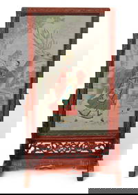 A Chinese painted silk and carved wood screen (1 of 5)