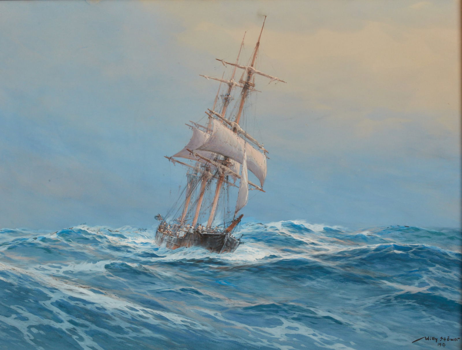 Willy Stower, Vessel in choppy water, 1917: Willy Stower(German, 1864-1931)Vessel in choppy water, 1917watercolorsigned and dated lower right Willy Stower / 1917 and with gallery label to reversesight 26 3/4 x 35 1/2in (67 x 89cm)