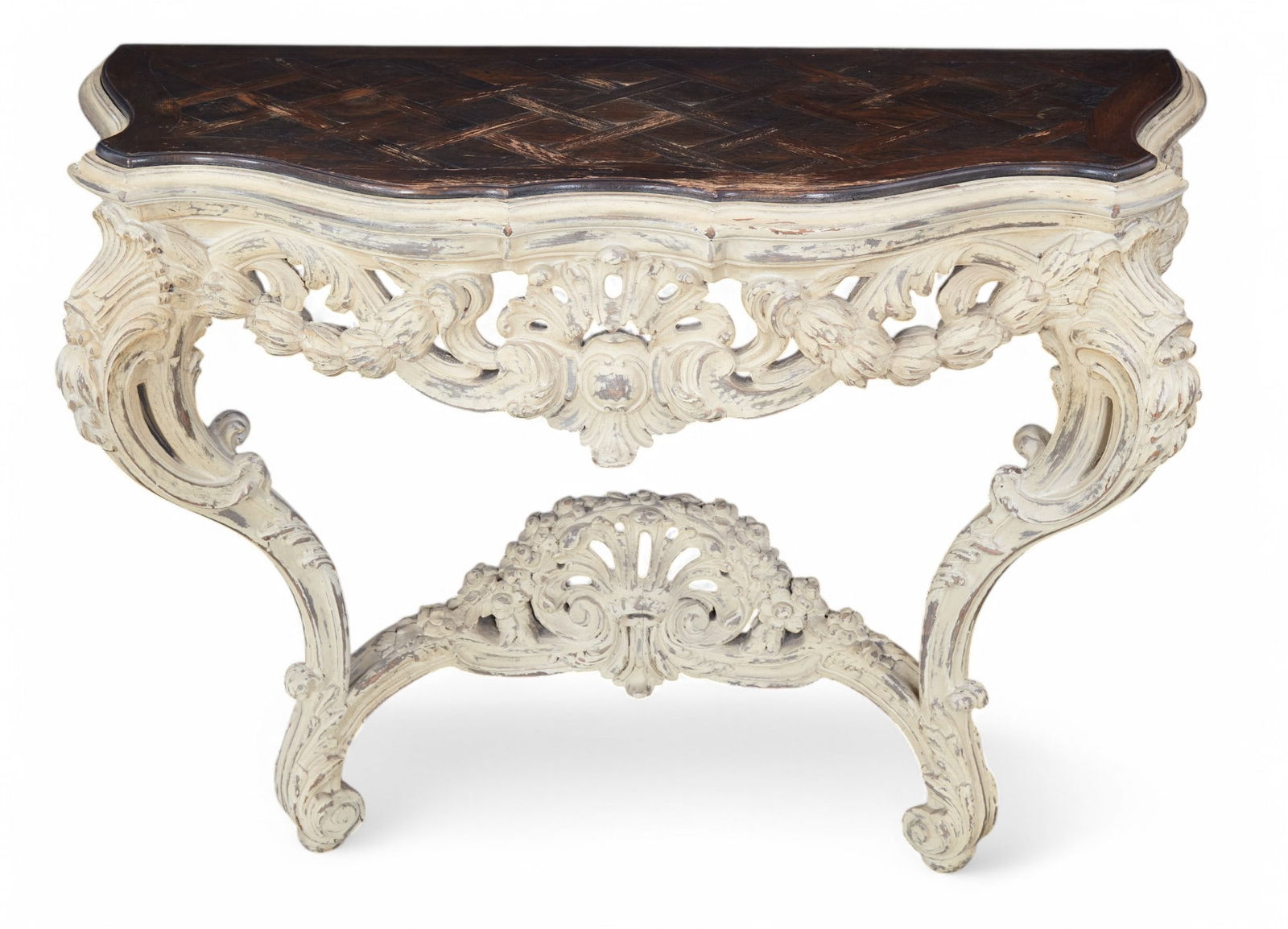 A Louis XV style white painted console: A Louis XV style white painted console20th centuryheight 33 3/4in (86cm); width 46in (117cm); depth 19 1/2in (50cm)
