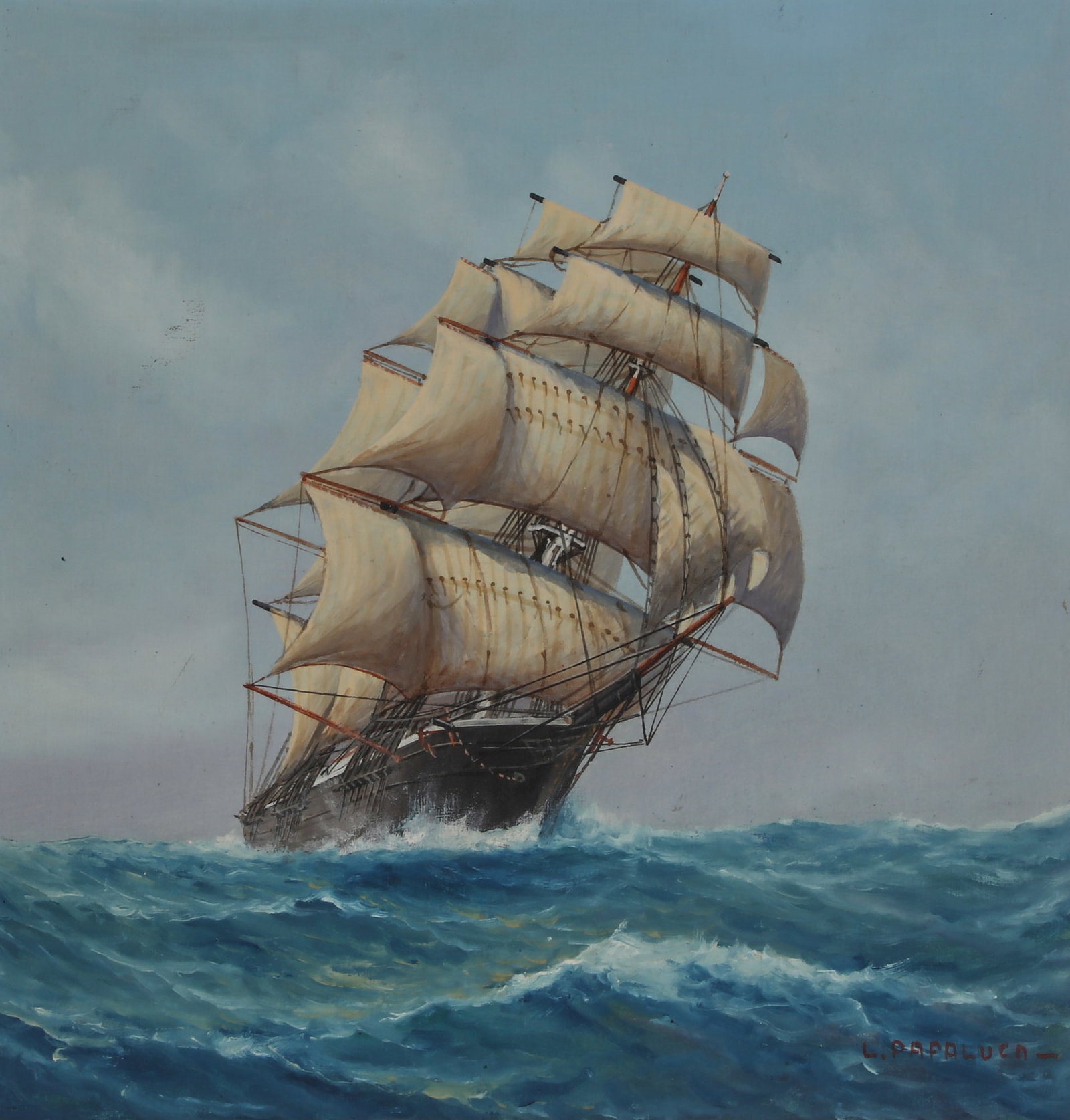 Luca Papaluca (Italian), Full sail clipper ship: Luca Papaluca(Italian, 1890-1934)Full sail clipper shipgouache on paperboardsigned lower right L. PAPALUCA -14 1/2 x 14 1/2in (37 x 37cm)