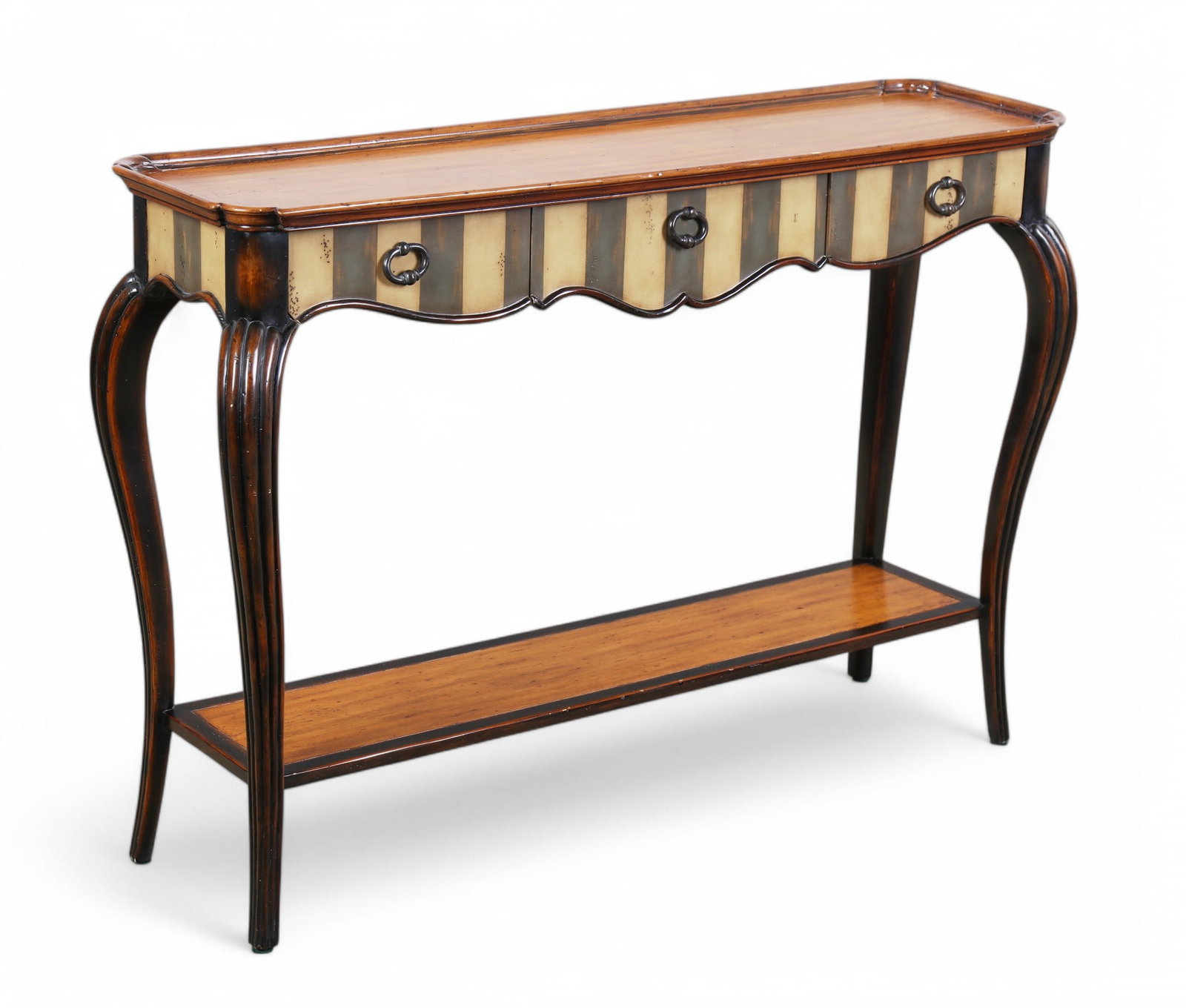 Theodore Alexander for Ateliers de la Madeleine: A Theodore Alexander for Ateliers de la Madeleine parcel painted two tier console tablemodernFitted with three frieze drawers.height 34in (85cm); width 48in (120cm); depth 15in (37.5cm)