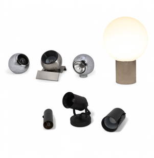Lamps, Robert Sonneman for George Kovacs & others: Seven Modernist lampsRobert Sonneman for George Kovacs and other makerssecond half 20th centuryComprising three Eyeball lamps, one Orb lamp and three additional.largest height 14in (36cm); diameter 9i