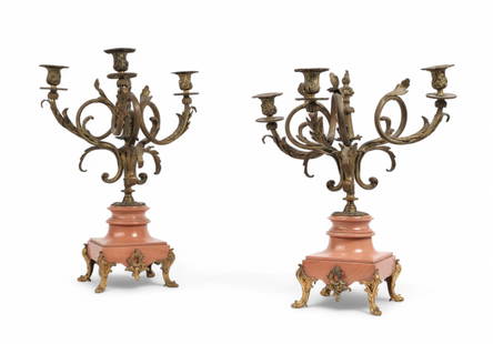 Pair of Continental bronze and marble candelabra: A pair of Continental gilt bronze and marble three light candelabra20th centuryheight 19in (47.5cm); diameter 14 1/4in (35.5cm)