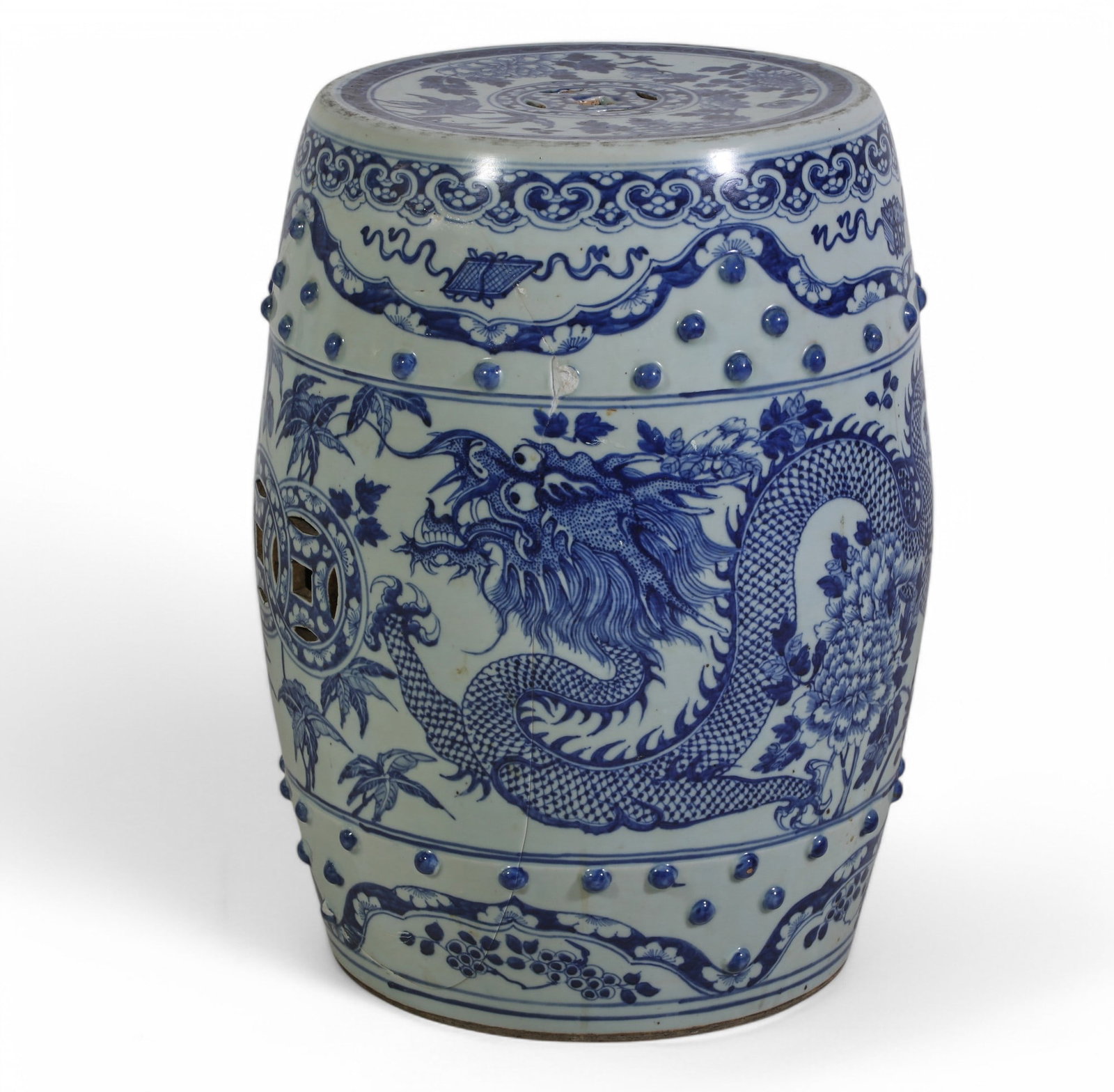 A Chinese blue and white glazed garden seat (1 of 7)