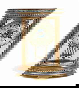 A French mantel clock, Vincent & Cie: A French gilt bronze and cloisonne enamel mantel clockVincent & Cieearly 20th centuryThe twin train movement with maker's pastille striking on a gong.height 9in (23cm); width 7in (18cm); depth 5 1/2in
