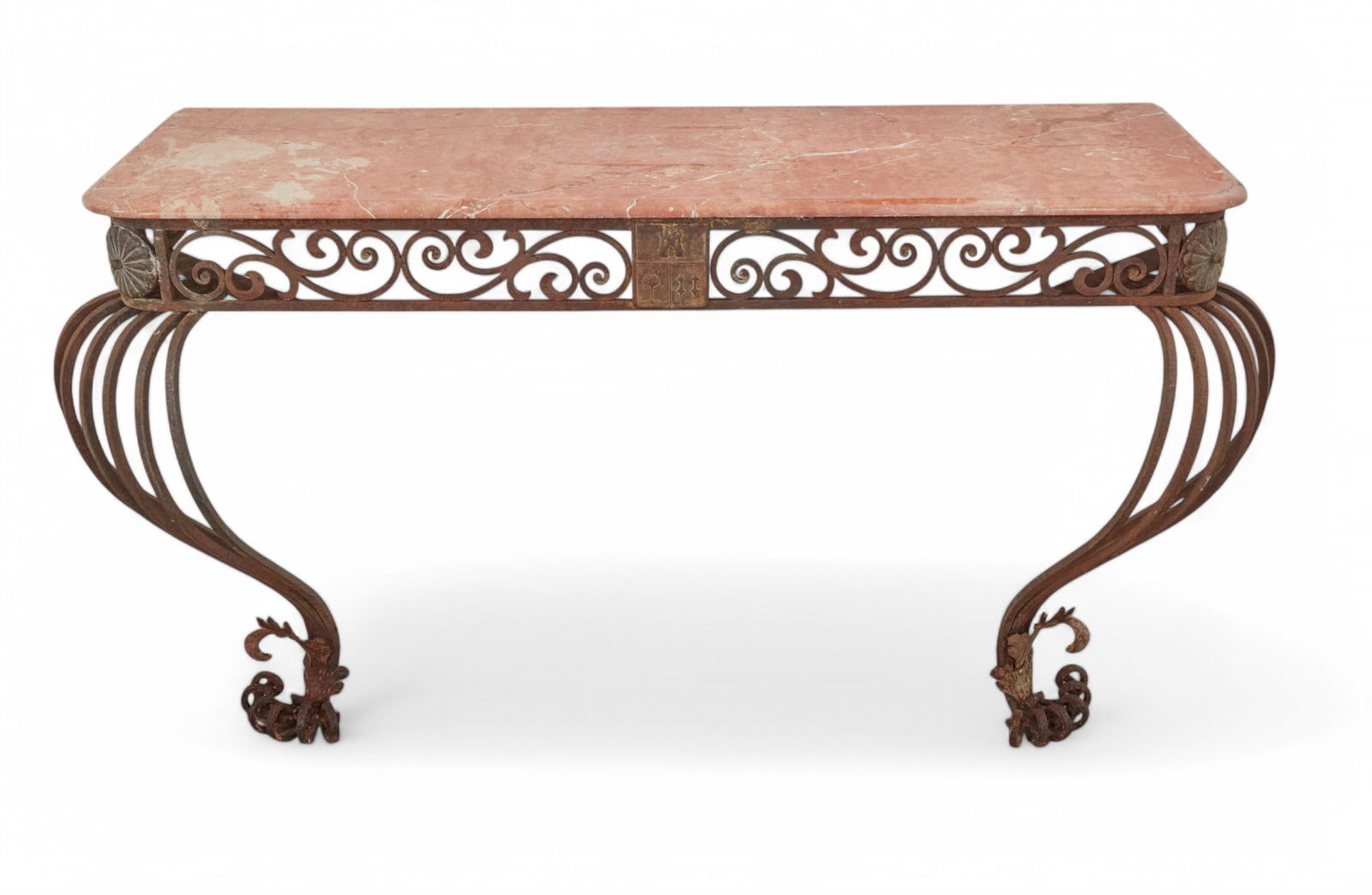 A Continental Baroque style wrought iron console: A Continental Baroque style wrought iron console20th centuryThe later marble top above a central armorial panel.height 33 1/2in (85cm); width 66in (168cm); depth 24in (61cm) Provenance:Property from