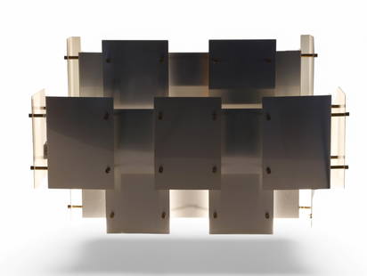 A Robert Sonneman Citiscape wall sconce: A Robert Sonneman steel and brass Citiscape wall sconcemodernWith maker's label.height 15in (38cm); width 23in (59cm); depth 6in (15cm)