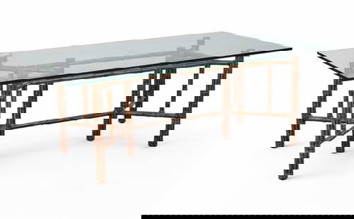 A McGuire glass and bamboo dining table: A McGuire glass and bamboo dining tablemodernheight 29 1/2in (75cm); width 82in (208cm); depth 42 1/2in (108cm)