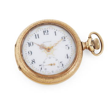 An American Waltham Watch Company Pocket Watch: An American Waltham Watch Company 14K Gold Keyless Open-Face Pocket WatchRound case, engraved, with white porcelain dial, black Arabic numbers, gold scroll hands, and sunk set subsidiary dial at six;