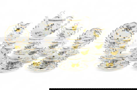 An Anna Weatherley porcelain part tea service: An Anna Weatherley embossed porcelain part tea service in the Budapest Spring patternmodernComprising a teapot, cream pitcher, covered sugar bowl, ten demitasse cups and eleven saucers, and four teacu