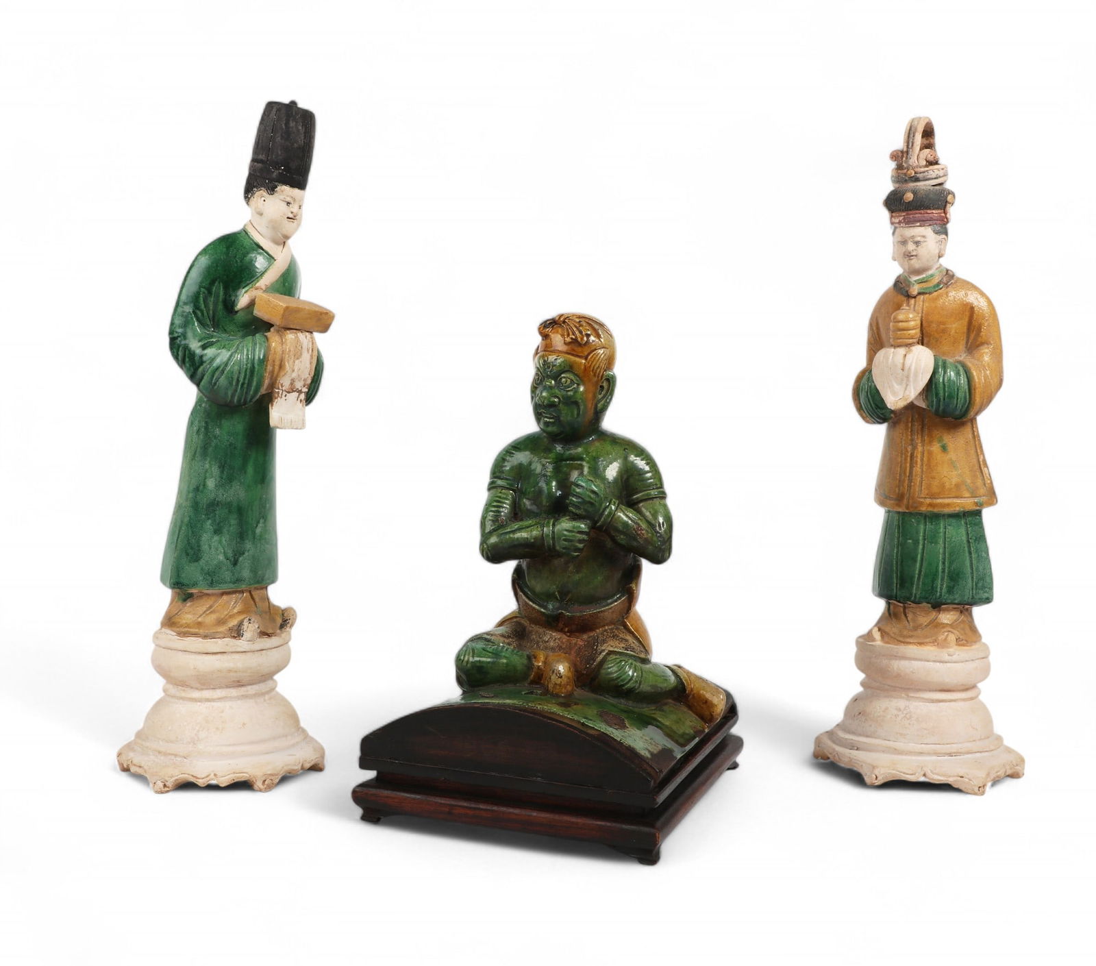 Three Chinese green glazed pottery figures (1 of 9)