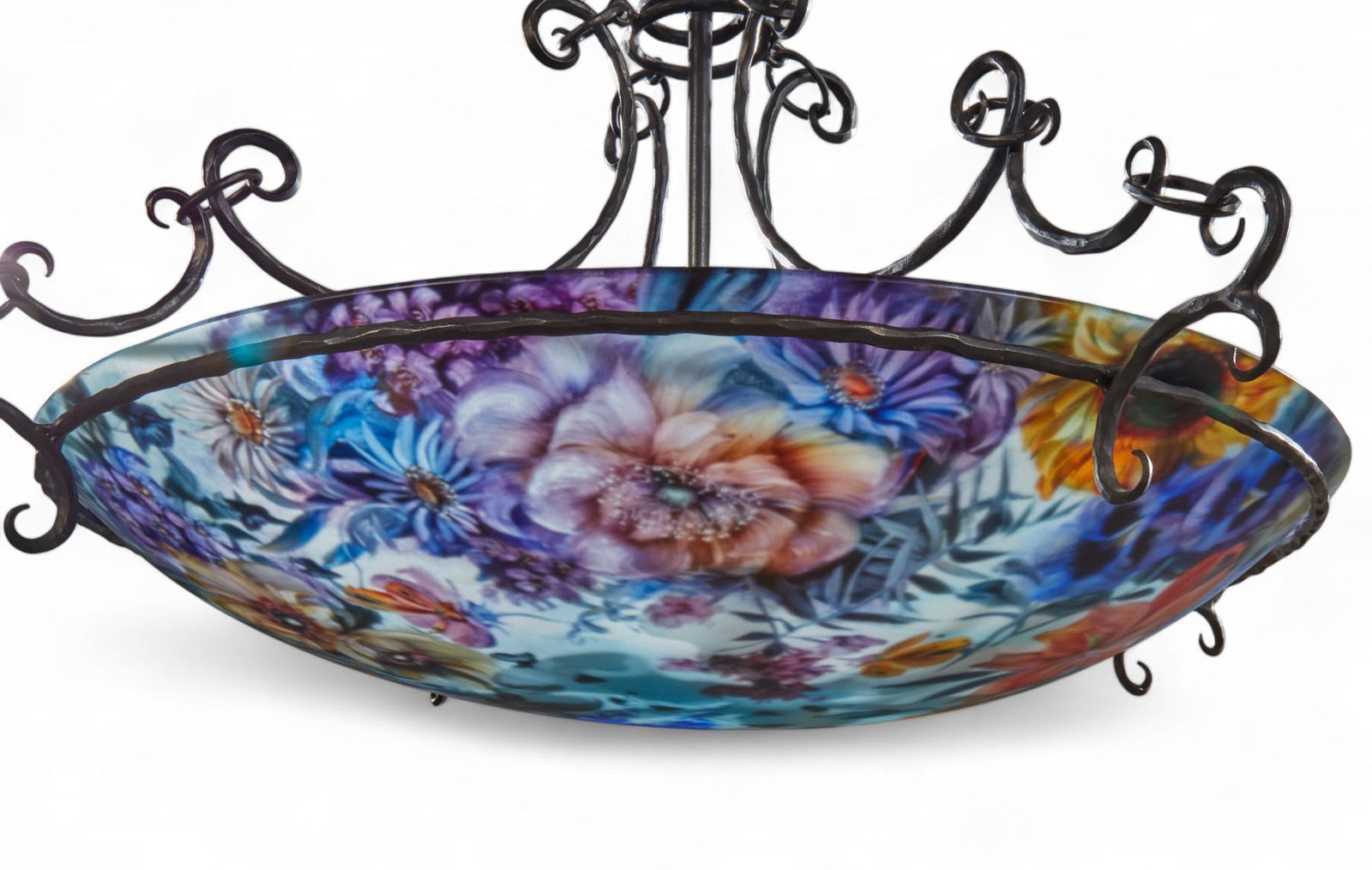 A Modern floral painted glass and iron chandelier: A Modern floral painted glass and iron chandelierlate 20th/early 21st centuryShade indistinctly signed.height 27in (69cm); diameter 42in (107cm)