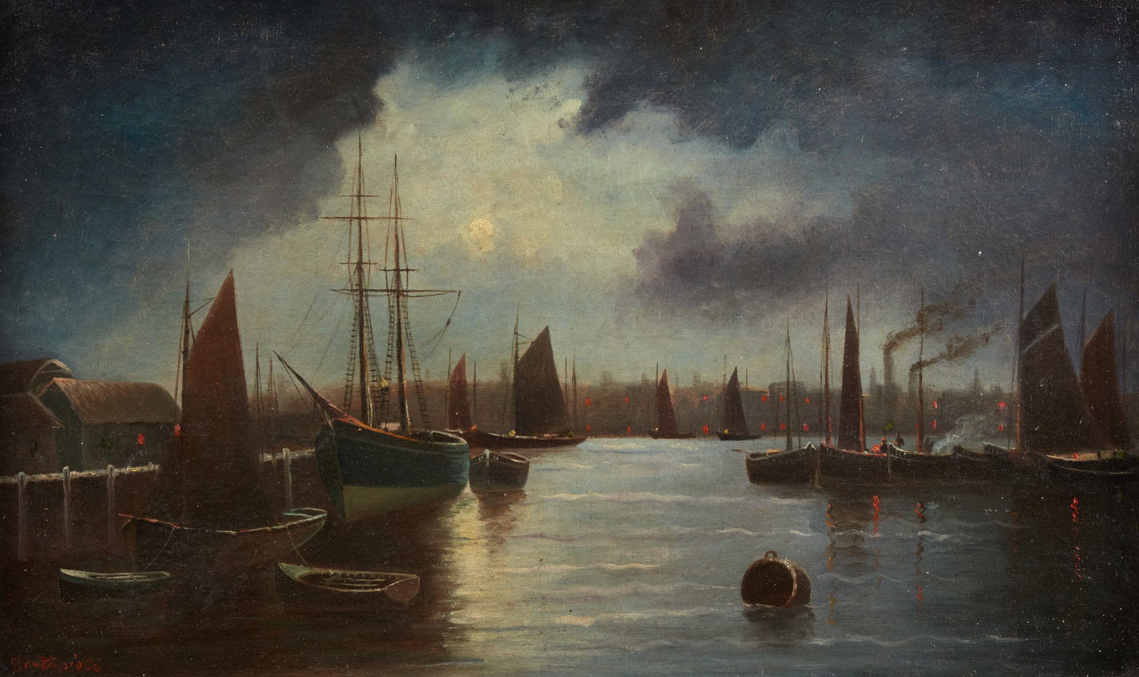 Italian School (19th century), Harbor nocturne: Italian School (19th century) Harbor nocturne oil on canvas indistinctly signed lower left 22 x 34in (56 x 86cm) Provenance: Property of a Private Hidden Hills Collector.