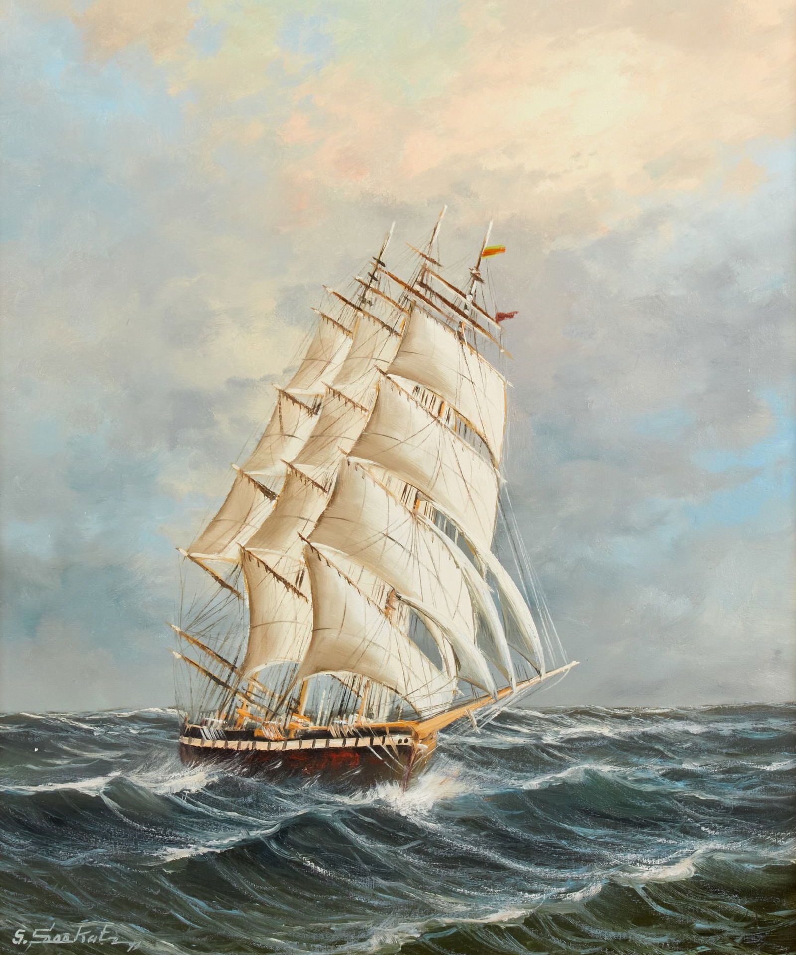 Gunter Seekatz, Masted ship on choppy waters: Gunter Seekatz(German, b. 1928)Three masted ship on choppy watersoil on canvassigned lower left G Seekatz24 x 20in (61 x 51cm) Provenance:Property of a Private Hidden Hills