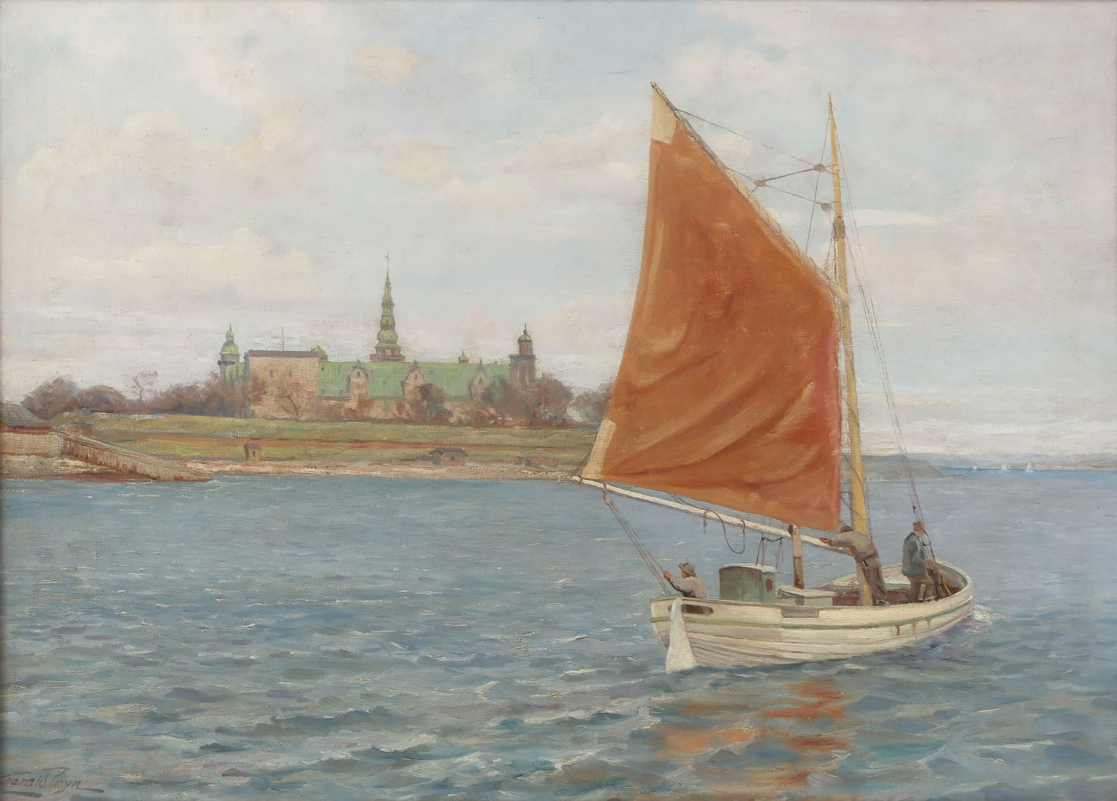 Harald Julius Niels Pryn, Sail boat before a town: Harald Julius Niels Pryn(Danish, 1891-1968)Sail boat before a townoil on canvassigned lower left Harald Pryn19 1/4 x 27 3/4in (48 x 69.5cm)