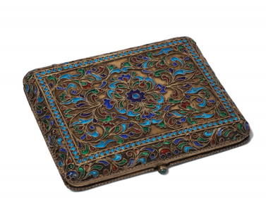 A Russian 84 standard silver and cloisonne enamel cigarette case, Moscow, late 19th century: A Russian 84 standard silver and cloisonne enamel cigarette case Moscow late 19th century length 4 1/4in (11cm); width 3 1/4in (8cm); gross weight approximately 9.5oz troy Provenance: Property from