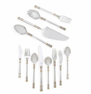 A Wallace parcel gilt sterling silver Golden Aegean Weave flatware service, fourth quarter 20th c: A Wallace parcel gilt sterling silver Golden Aegean Weave flatware service fourth quarter 20th century Comprising 8 dinner forks, 16 dinner knives, 10 salad forks, 9 soup/dessert spoons, 10 butter
