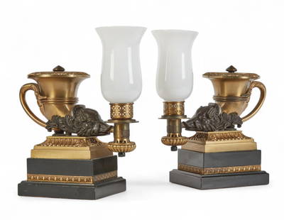 A pair of George IV gilt and patinated bronze colza table lamps, Messenger & Phipson, 19th century: A pair of George IV gilt and patinated bronze colza table lamps Messenger & Phipson second quarter 19th century With applied plaque MILLERS PATENT / 179 PICADILLY / No 5938, undersides stamped