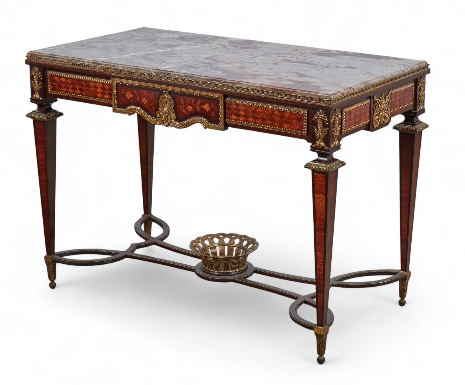A Louis XVI style gilt bronze mounted mahogany marquetry and parquetry center table, late 19th c (1 of 17)