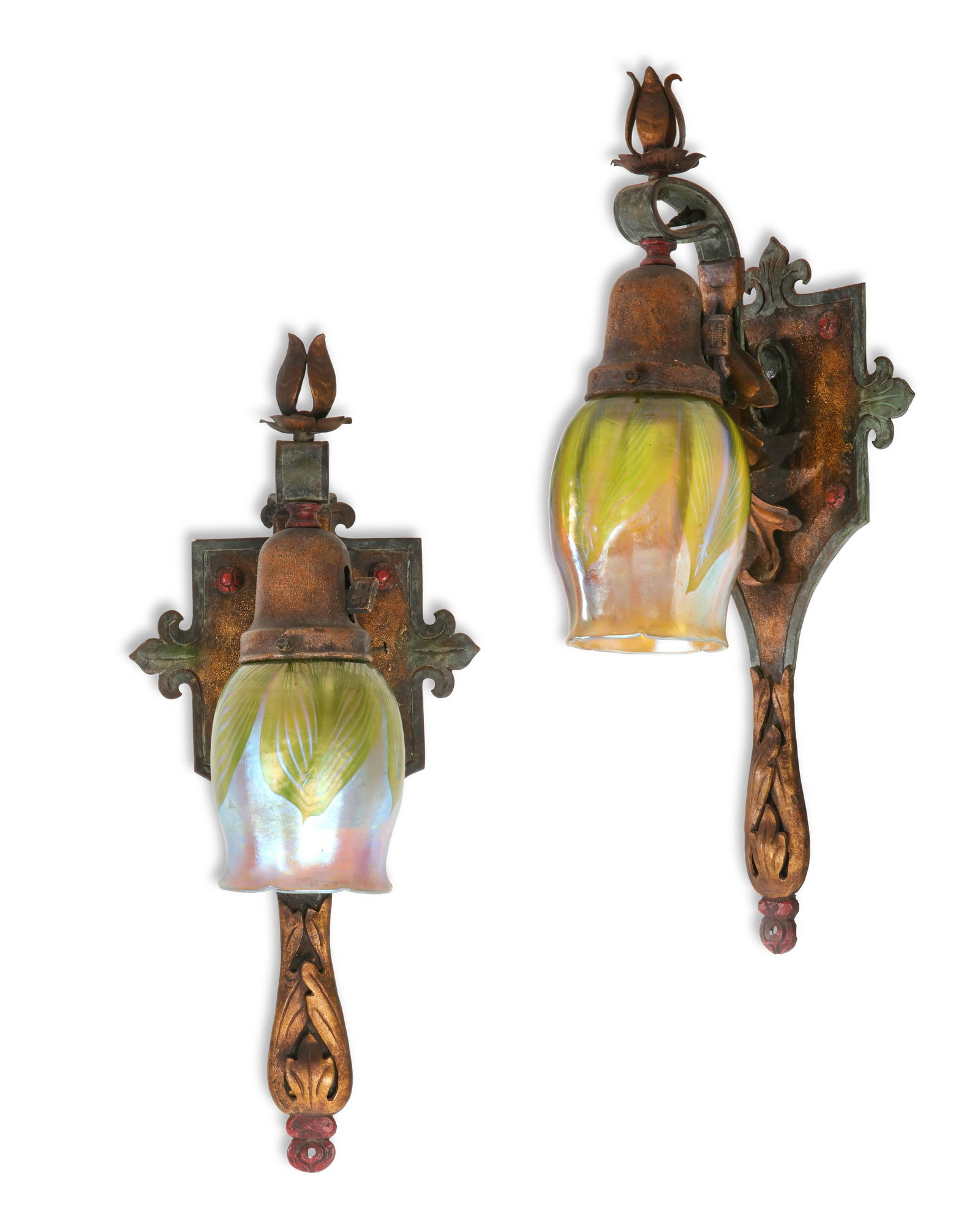 A pair of Arts & Crafts painted metal wall lights, with Tiffany Studios Favrile glass shades (1 of 2)