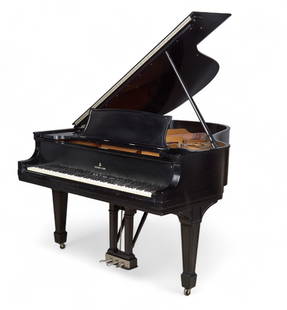 A Steinway & Sons ebonized model B grand piano, circa 1924: A Steinway & Sons ebonized model B grand pianocirca 1924Stamped B 4408 / 224146; together with an ebonized bench. (2)height 38 1/2in (98cm); length 60in (152cm); width 57in (145cm)