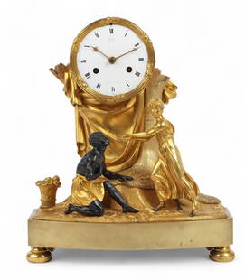 A Charles X gilt bronze figural mantel clock, Claude Galle, circa 1820: A Charles X gilt bronze figural mantel clockClaude Gallecirca 1820The circular enamel dial with Roman hours and Arabic minutes inscribed Galle / Rue Vivienne a Paris, the twin train movement striking