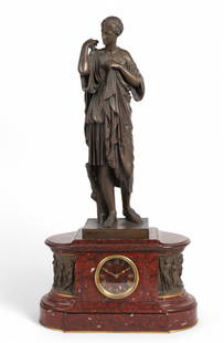 A French bronze and rouge griotte marble mantel clock: Diana of Gabii, Ferdinand Barbedienne: A French patinated bronze and rouge griotte marble mantel clock: Diana of GabiiFerdinand Barbediennethird quarter 19th centuryBase of bronze inscribed F. BARBEDIENNE FONDEUR and with A. Collas pastill