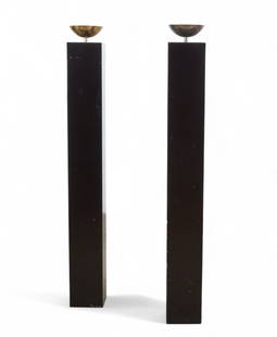 A pair of Michel Boyer sheet metal, gilt metal and chrome-plated metal Athenian Column floor lamps: A pair of Michel Boyer for Verre Lumiere lacquered sheet metal, gilt metal and chrome-plated metal Athenian Column floor lampsdesigned circa 1979Model 10582.height 69in (175cm); width 8 1 /4in (21cm)