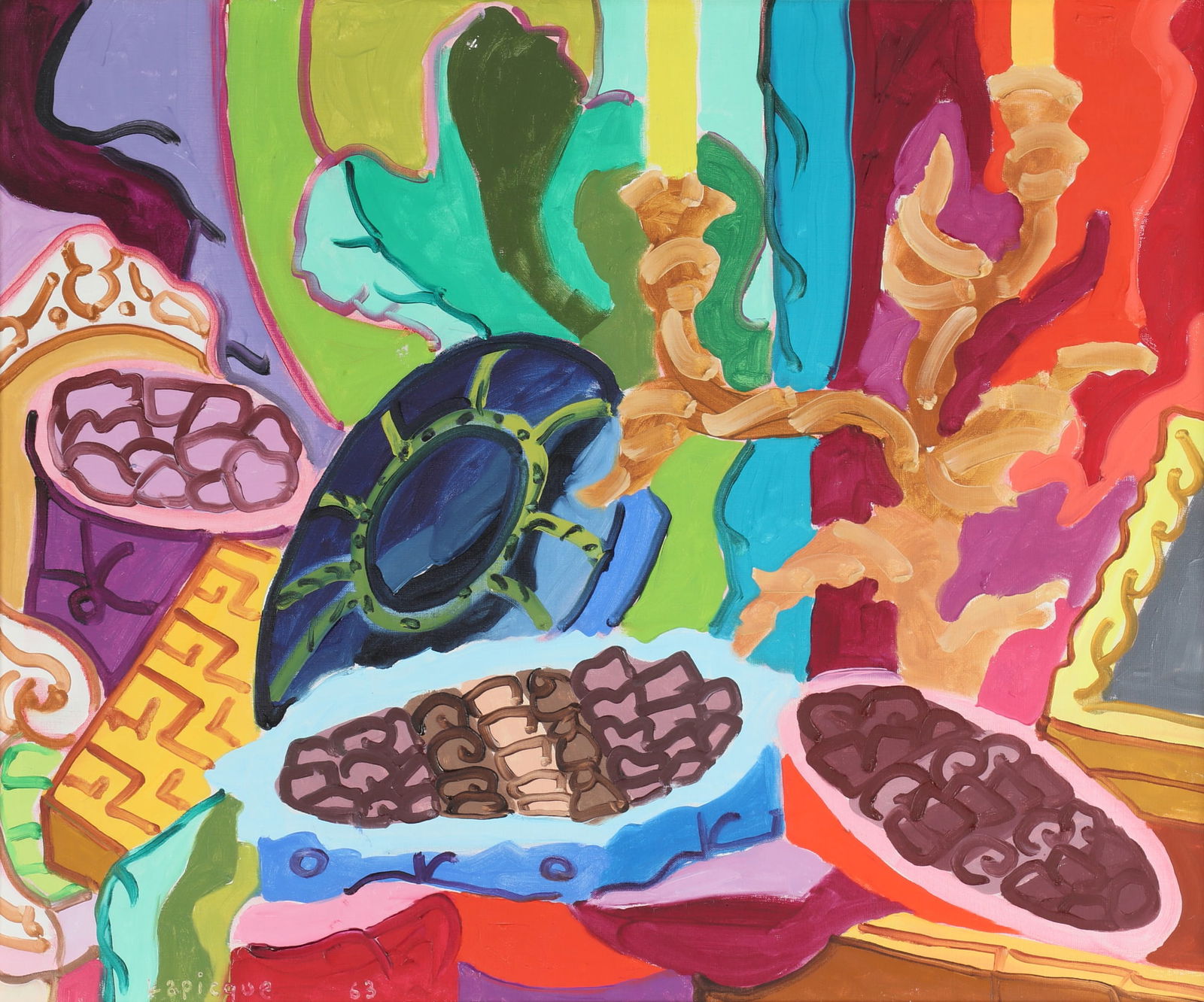 Charles Lapicque (French, 1898-1988), Chocolats et candelabre (Chocolates and candelabrum): Charles Lapicque(French, 1898-1988)Chocolats et candelabre (Chocolates and candelabrum), 1963oil on canvassigned lower left Lapique and dated, inscribed with artists name, title and dated again to rev