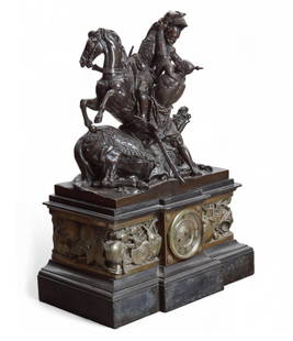 A large French patinated and gilt bronze and black slate figural mantel clock: A large French patinated and gilt bronze and black slate figural mantel clockthe bronze group after the model by Jean-Francois-Theodore Gechter (1796-1844)late 19th centuryThe circular dial with Roman