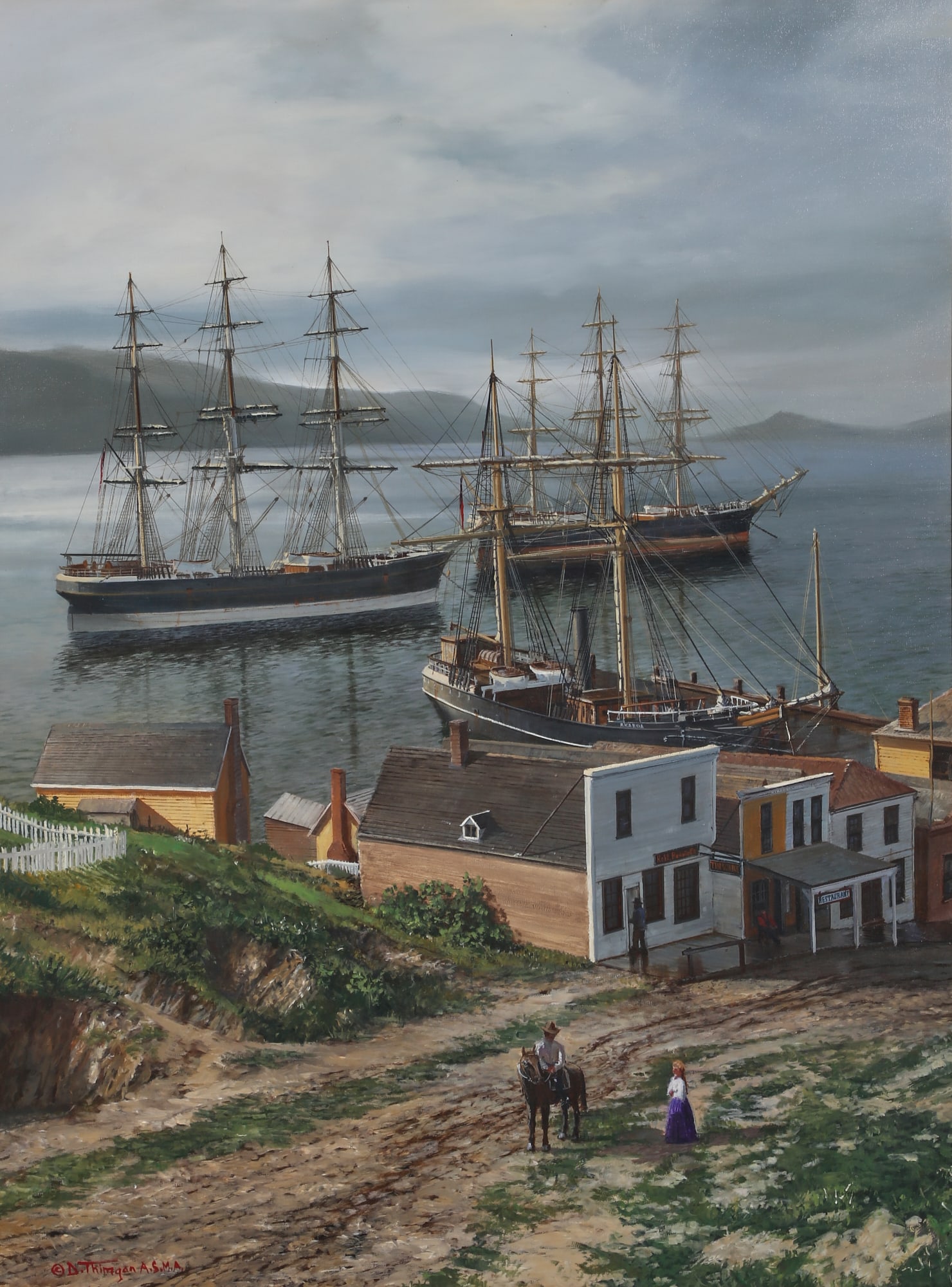David Thimgan (American, 1955-2003), Clippers at Port Chalmers: David Thimgan(American, 1955-2003)Clippers at Port Chalmersoil on canvassigned lower left ? D. Thimgan A.S.M.A.40 x 30in (102 x 76cm) Provenance:Property of a Private Hidden