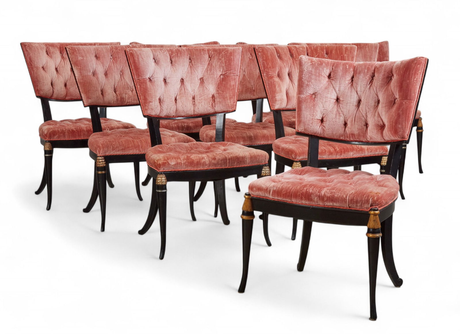 A set of ten Billy Haines Regency style parcel gilt ebonized klismos dining chairs (1 of 8)