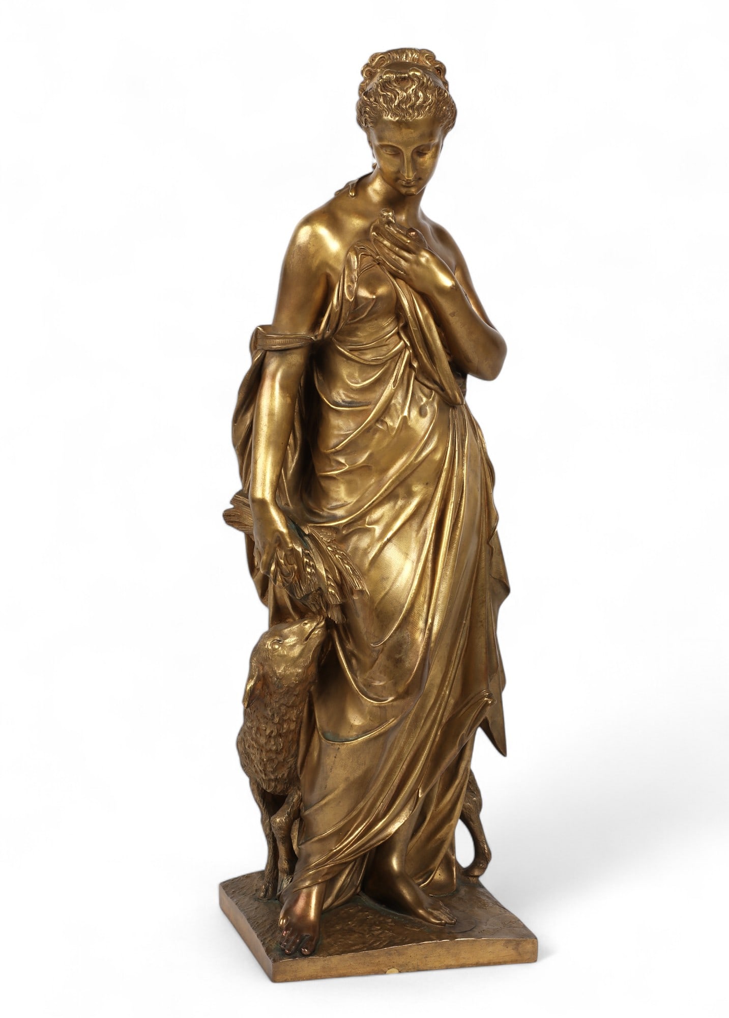 A French gilt bronze model of a young woman with a dove and lamb, after Jean Esprit Marcellin (1 of 5)