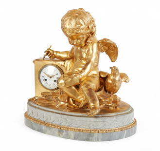 A Louis XVI style bronze and marble figural mantel clock, after a model by Jean-Francois?Deniere: A Louis XVI style gilt bronze and grey marble figural mantel clockafter a model by Jean-Francois?Denieresecond half 19th centuryThe circular enamel dial with Roman hours and Arabic minutes, the twin t