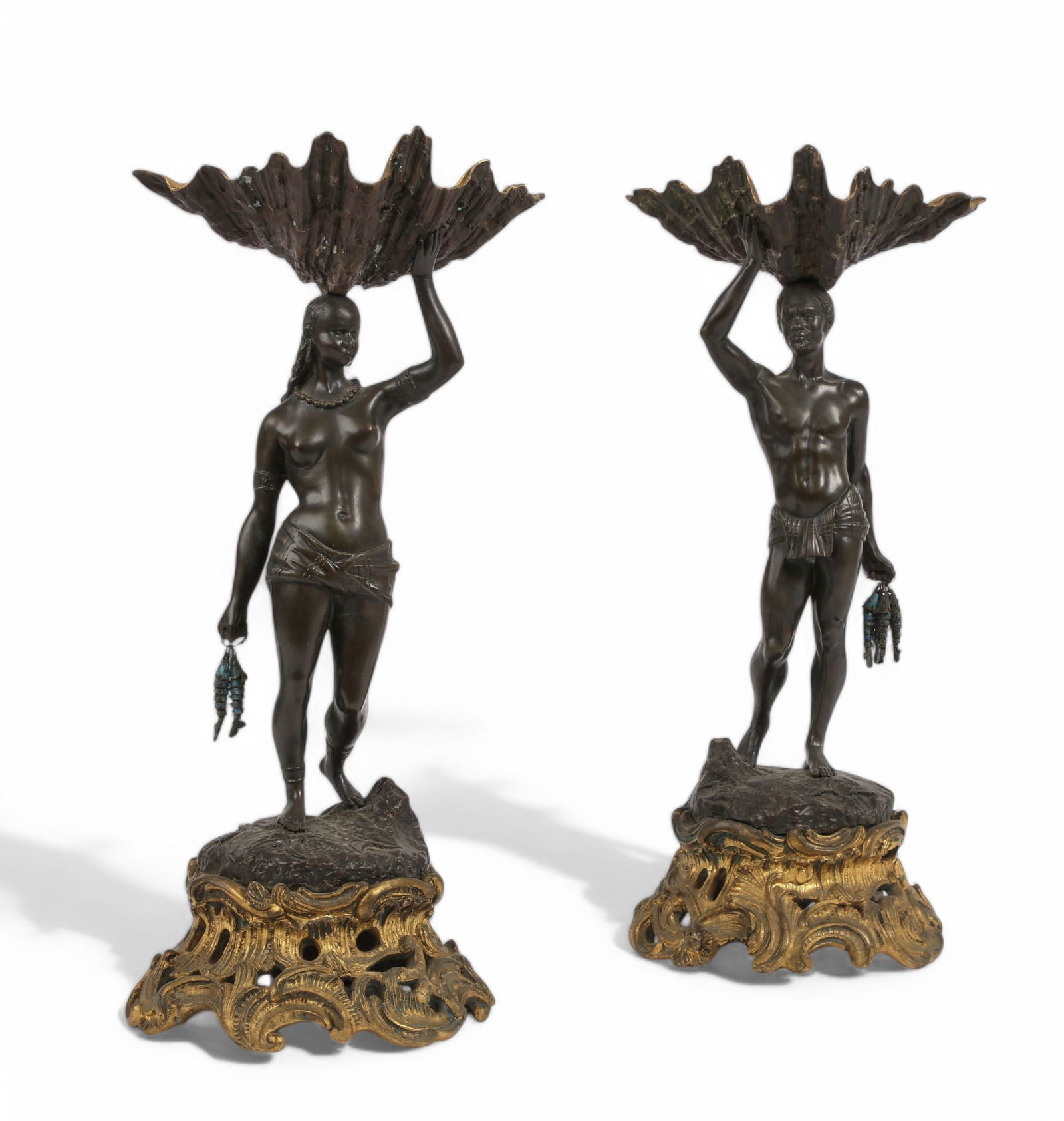 A pair of Louis XV style gilt and patinated bronze figural stands, late 19th century (1 of 7)